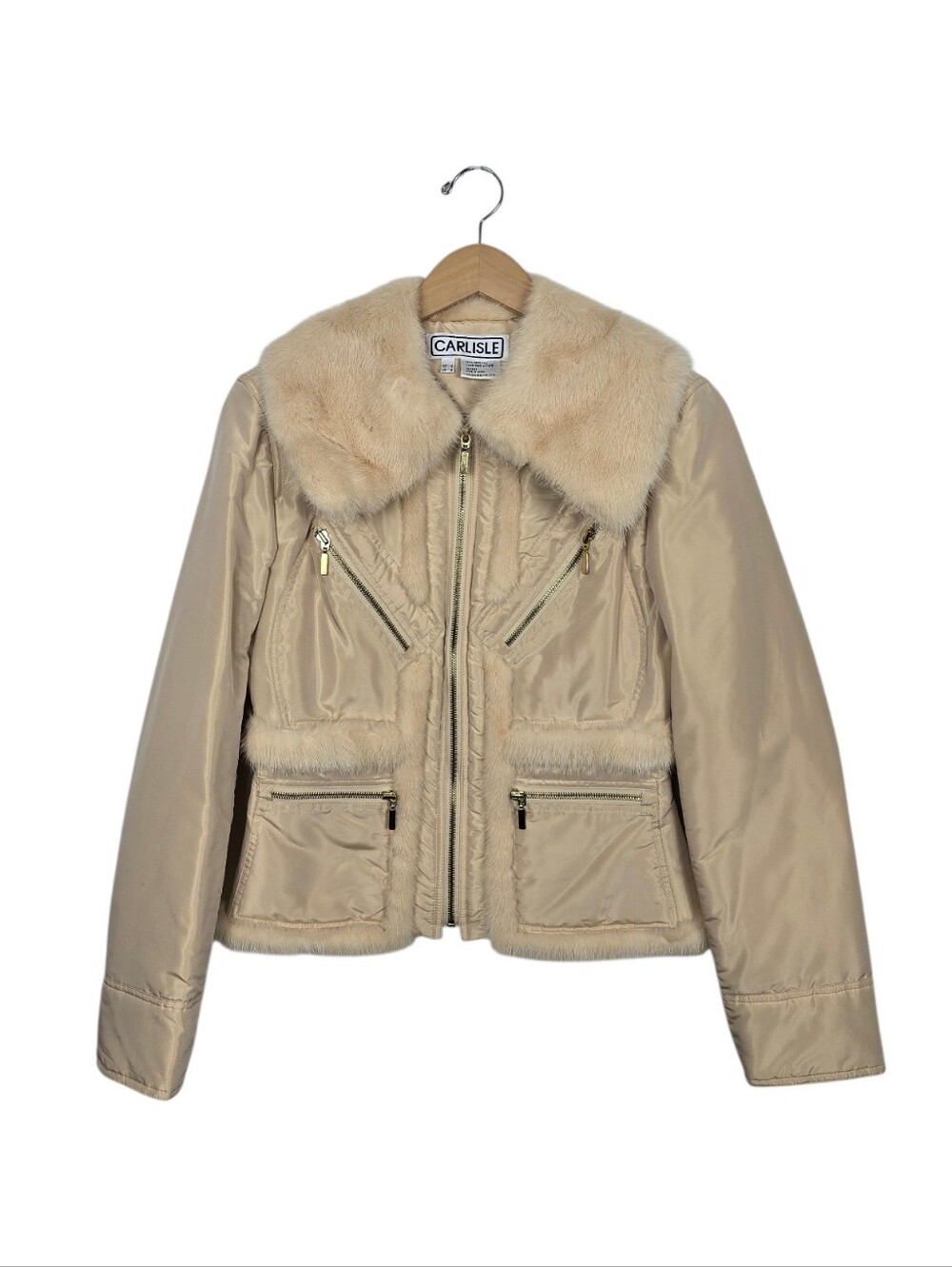 Carlisle Silk Real Fur Trim Winter Jacket Champagne Gold Luxury Lightweight US 4